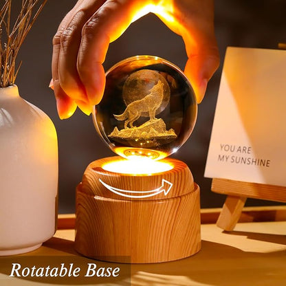 60mm 3D Wolf Crystal Ball with Rotatable Warm Light Wood Base, Wolf Gifts for Women Men Wolf Lovers, Wolf Figurines Decorations Lamp Night Lights