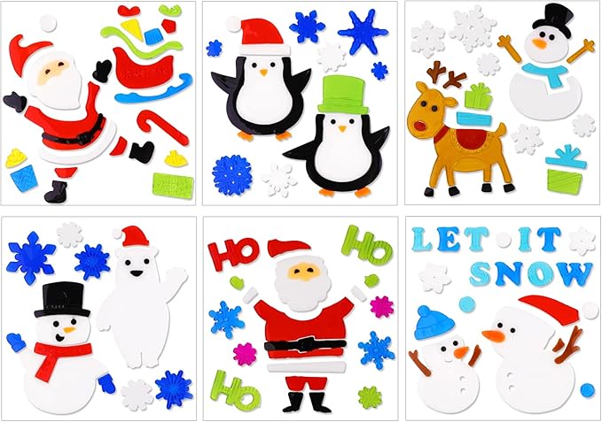 XIMISHOP 6pcs Christmas Gel Clings: Xmas Santa Claus Snowman Snowflake Penguin Window Decors