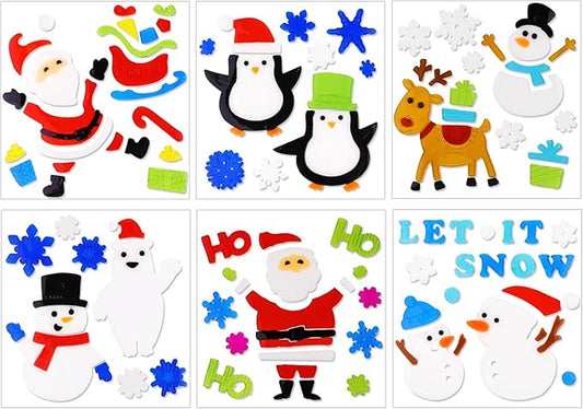 XIMISHOP 6pcs Christmas Gel Clings: Xmas Santa Claus Snowman Snowflake Penguin Window Decors