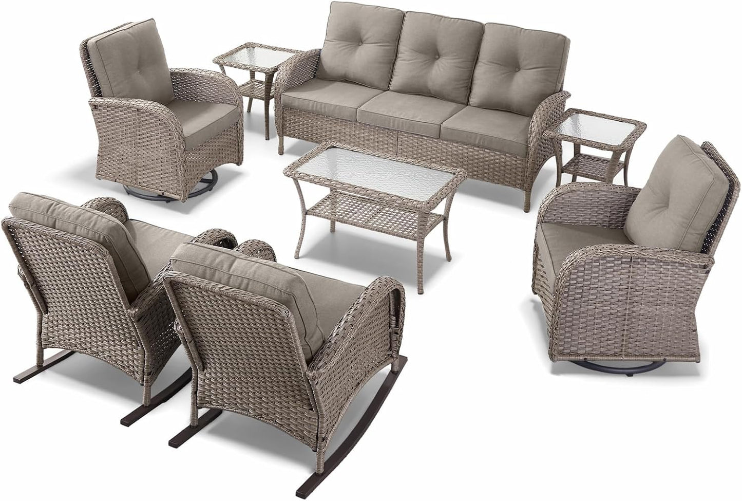 Outdoor Furniture-8 Piece Wicker Patio Furniture Set with Patio Swivel Chair Wicker Rattan Couch with Outdoor Rocking Chair Patio Conversation Set for Deck Lawn Porch Balcony Poolside-Grey/Grey