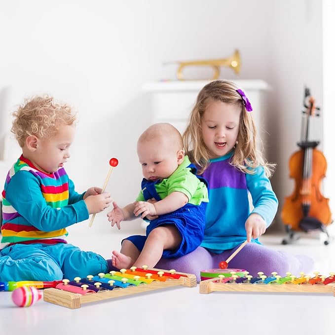 6 Pcs Xylophone for Kids Wooden Xylophone with Mallets Musical Instrument Wood Baby Percussion Kit for Educational Preschool Music Learning