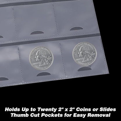 60 PCS 20-Pocket Thumb-Cut Coin Pages - Coin Pocket Pages for 2 x 2.1 Inch Cardboard Coin Holders, Collecting Sleeves for Coin Flips, 1000 Pockets for Coin Binder, Coin Collection Storage Supplies