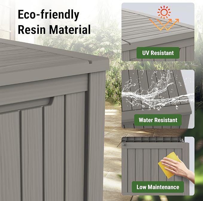 Mars Villa 119 Gallon Outdoor Storage Box Waterproof, Large Resin Deck Box for Pool Supplies Storage, Outdoor Patio Furniture Cushions, with Hydraulic Hinge, UV-Resistant and Weatherproof, Greige