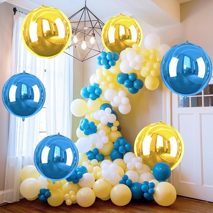 Blue Gold Giant 4D Foil Balloons, 6 Pcs Large Metallic Blue and Gold Round Balloons, 22 Inch Big Round Foil Balloon for Graduation Prom Birthday Party Baby Shower Decorations