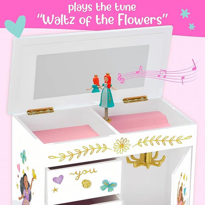 Giggle & Honey Princess Musical Jewelry Box for Girls - Kids Music Box with Drawers, Fairytale Gifts for Girls Birthday, Princess Jewelry Boxes for Ages 3-10 - 9 x 5 x 9.3 in, White
