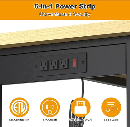 48"x24" Adjustable Workbench on Wheels, Heavy-Duty Work Bench, 2000 LBS Worktable with Power Outlets & Drawer, Portable Chipboard Work Station for Garage, Repair Shop, Workshop, Office