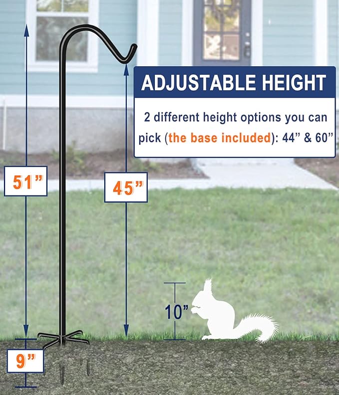 Shepherds Hook for Outdoor Bird Feeders Pole 60 Inch Tall, Adjustable Heavy Duty Garden Hanger Stake Pole with 5 Prong Base, Shiny Black (2 Packs)