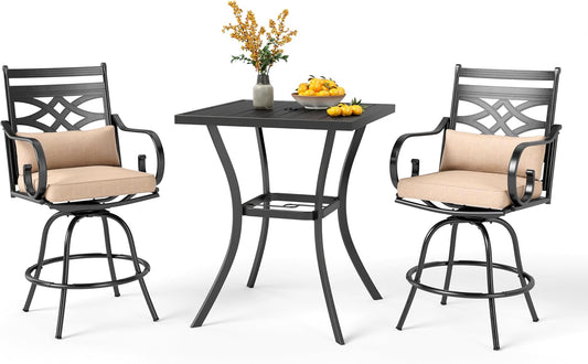 PHI VILLA 3 Pieces Patio Bar Set,Outdoor Bar Table and Chairs Set, Strong and Heavy Duty Outdoor Bar Set with Cushion and Pillow，2PCS Swivel Bar Stools with Square Bar Height Table
