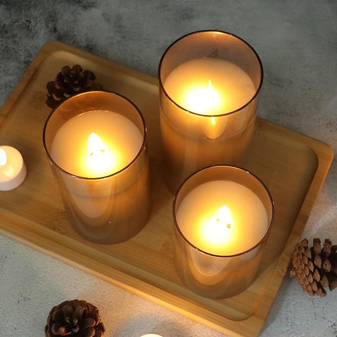Glass Realistic Flickering Flameless Candles with Remote Timer, LED Pillar Candles Battery Operated with 3D Wick, Real Wax Fake Candles Home Decor for Wedding Festival Party