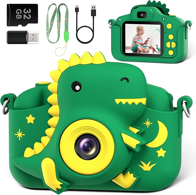 Kids Camera, Dinosaur Toddler Digital Camera for Ages 3-12 Boys Girls Childrens, Christmas Birthday Gifts, Selfie 1080P HD Video Camera for 3 4 5 6 7 8 9 Years Old Boys Girls Toys Gifts