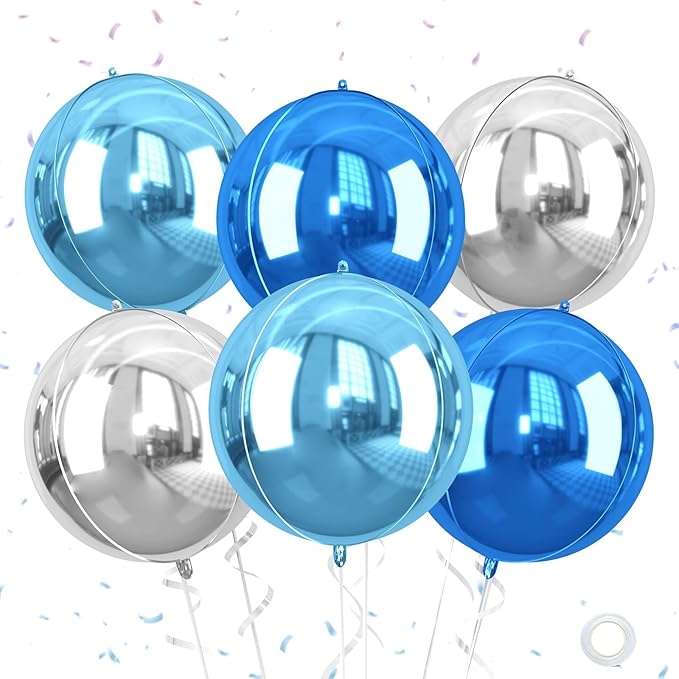 Giant 4D Foil Balloons, 6Pcs Large Metallic Light Blue Royal Silver Round Balloons, 22 Inch Big Round Foil Balloon for Red Birthday Party Baby Shower Wedding Decorations