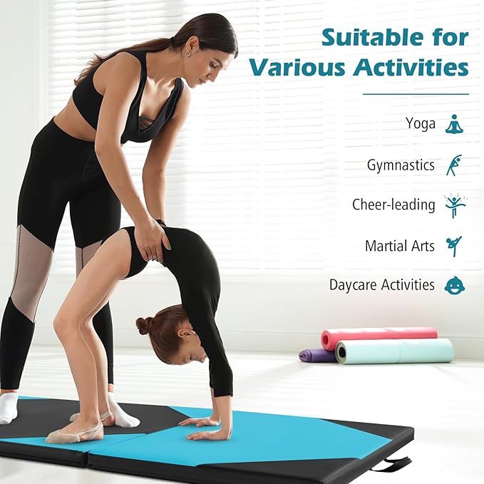Giantex 4'x10'x 2" Gymnastics Mat, 4-Panel Folding Aerobics Exercise Mat w/Hook & Loop Fastener, Carrying Handle, Portable Tumbling Mat for Stretching Yoga Cheerleading Martial Arts