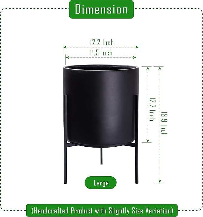 D'vine Dev Modern Black Plants Pot Cylinder Planter with Heavy Duty Stand, Large 12 Inch Pot, 17.6 Inch with Stand Height, 96-T-B-3
