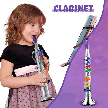 Amylove Set of 2 Toy Trumpet and Clarinet for Kids Toddlers Plastic Instruments Fake Music Toy Portable Early Educational Toys Teaching Songs Musical Gifts(Silver)