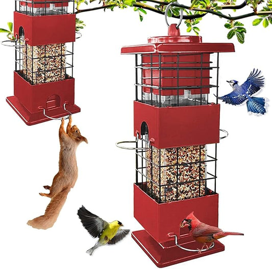 Squirrel Proof Bird Feeder, 3LBS Large Capacity Hanging Bird Feeders for Outdoors, Weight-Activated Perches Metal Anti-Squirrel Birdfeeder for Blue Jay, Cardinal, Outside (Red)