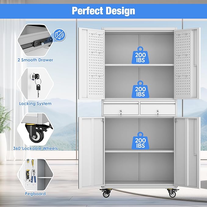 Metal Garage Storage Cabinet with Locking Doors and 2 Adjustable Shelves, Rolling Tool Storage Cabinet with 4 Wheels and 2 Drawer for Garage, Warehouse, White and Gray, Assembly Required