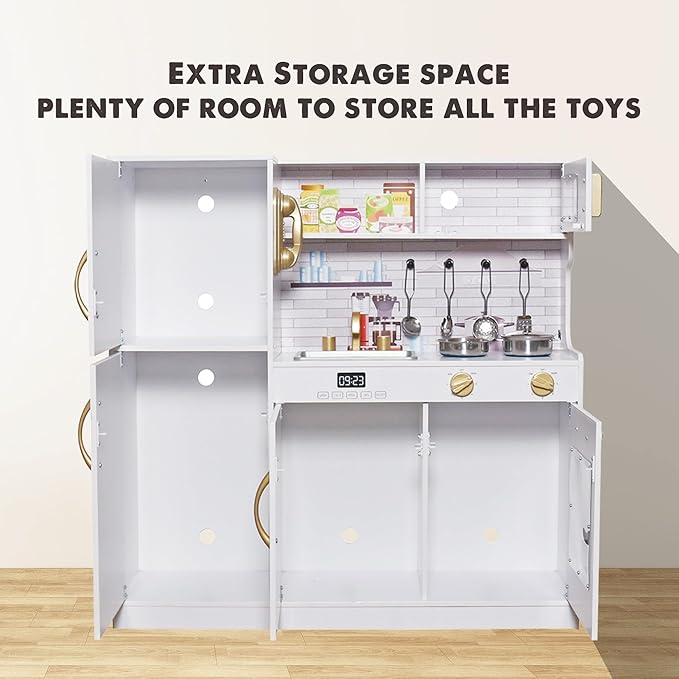 Kids Children Pretend Toy for Babies, Kitchen Playset & Play Kitchen Toy Set with Light, Sink with Faucet, Oven, Microwave, Kitchenware Set Accessories for Ages 3-8 Girls Boys