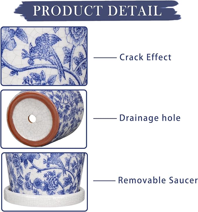 Set of 3 Decorative Plant Pots Blue and White Flower Pot, Round Ceramic Planters for Indoor Plants Pots with Drainage Hole Saucers, Retro Planter Pot for Succulents Cactus Outdoor Garden, 5.5/5.7 Inch