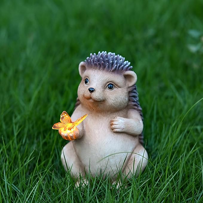 Solar Hedgehog Outdoor Statues Garden Decor with Butterfly LED Lights Hedgehog Statues for Patio Balcony Yard Lawn Ornament, Birthday Mother Day Gardening Gifts for Mom Grandma Women