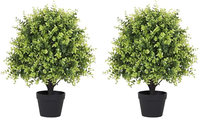 THE BLOOM TIMES 2ft Faux Boxwood Plants Outdoor Set of 2, Topiary Balls Artificial Outside Trees, 24" UV Resistant Fake Greenery Bushes & Shrubs for Front Porch Planter