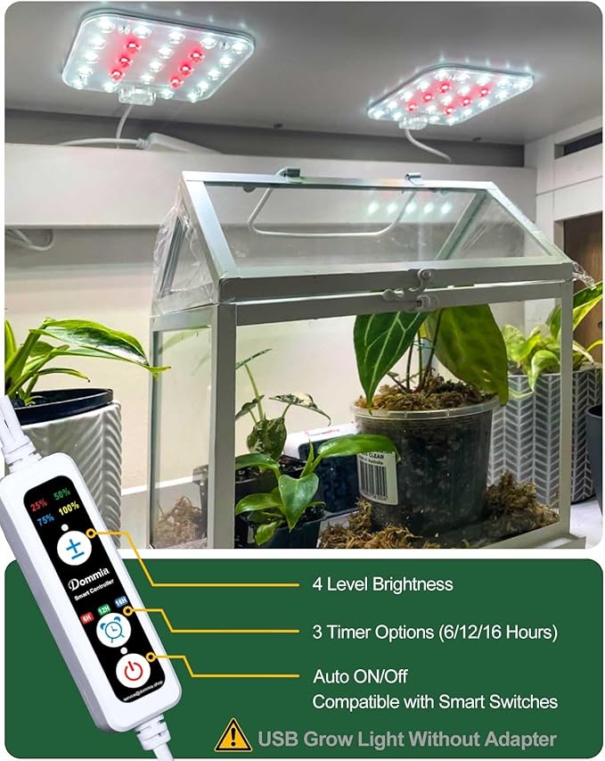 DOMMIA Grow Light, Square 4 Dimmable Full Spectrum High PPFD with Optical Lens, Auto on/Off and 6/12/16H Timer, Suitable for Hydroponics, Seedlings, Succulents, Veg, Flowers & More(No Adapters)