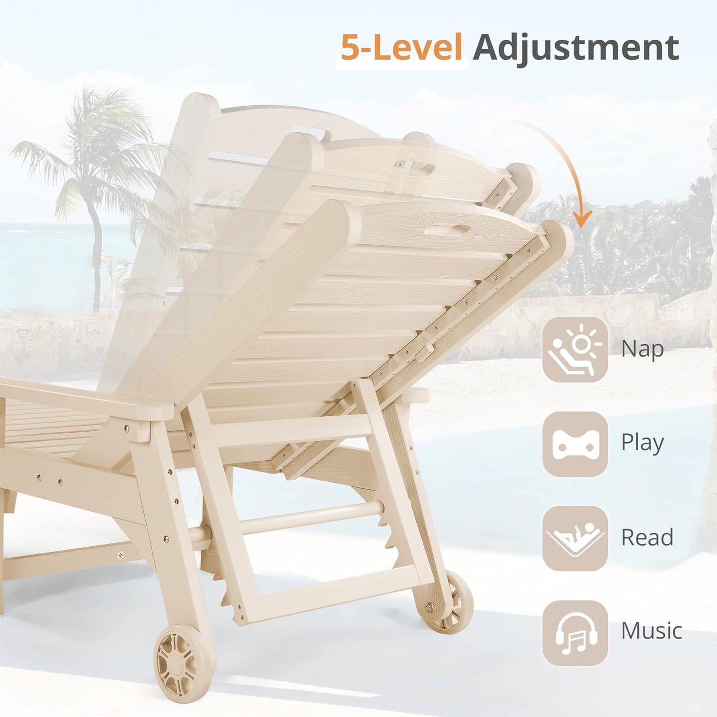 LUE BONA Outdoor Chaise Lounge Chairs Set of 4, 79'' Oversized HDPS Chaise Lounger, 5 Positions Adjustable Lounge Chairs, Pool Lounge Chair with Wheels for Poolside, 3 Year Warranty, Sand
