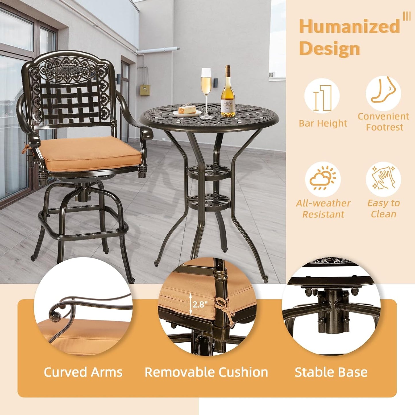 3-Piece Patio Swivel Bar Set, High Top Bar Table & Chairs, All-Weather Cast Aluminum Swivel Bar Stools (2) & 31" Table, Patio Bistro Set for Garden