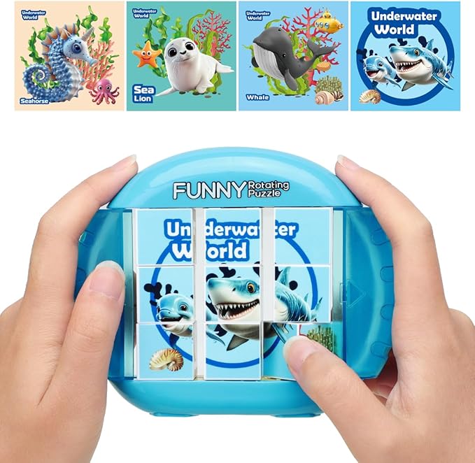 Rotating 3D Puzzle for Kids 3 4 5 6 7 Year Old, 4 Puzzles in 1, Handheld Game Fidget Toys for Travel, Cars & Plane, Fine Motor Skills Developing (Marine Life)