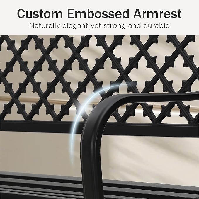 PHI VILLA 50" Outdoor Garden Patio Metal Bench for Outdoors with Plastic Backrest Armrests Sturdy Steel Frame, Black