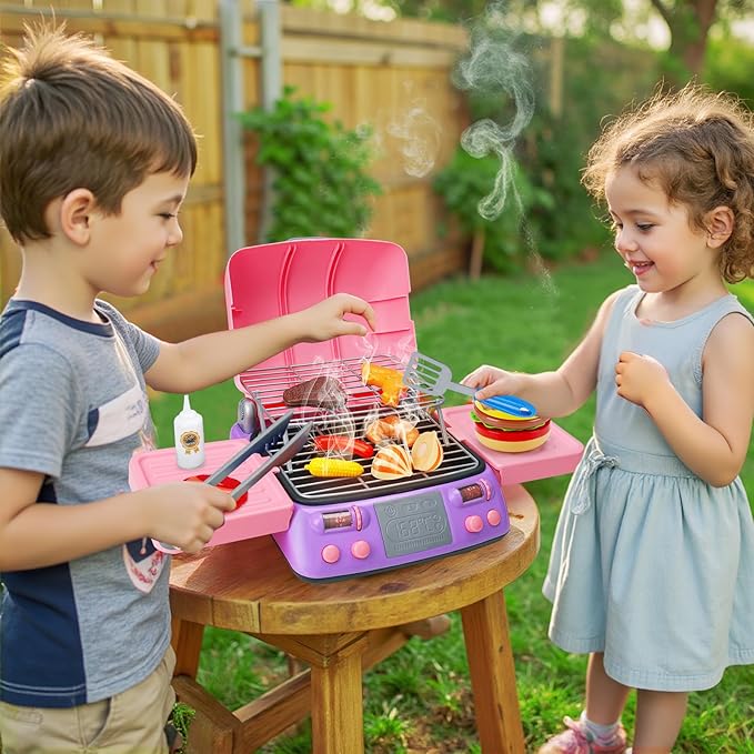 Kids BBQ Grill Playset Kitchen Toy Set with Pretend Smoke Sound Light Toddler Girls Pink Play Food Ages 3-5 4-8 Indoor Outdoor Cooking Barbecue Toys for 3 4 6 Year Old Girl Birthday Gift