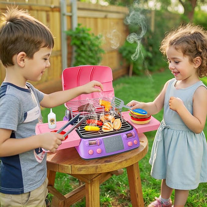 Kids BBQ Grill Playset Kitchen Toy Set with Pretend Smoke Sound Light Toddler Girls Pink Play Food Ages 3-5 4-8 Indoor Outdoor Cooking Barbecue Toys for 3 4 6 Year Old Girl Birthday Gift