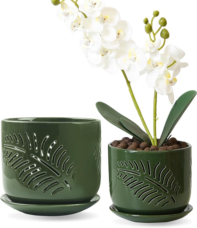 Ceramic Orchid Pots, 6+5 inch Orchid Pots with Holes,Orchid Pots for Repotting,Healthy Air Circulation Plant Pots for Plant Lovers,Planters for Indoor/Outdoor Plants -2 Pack