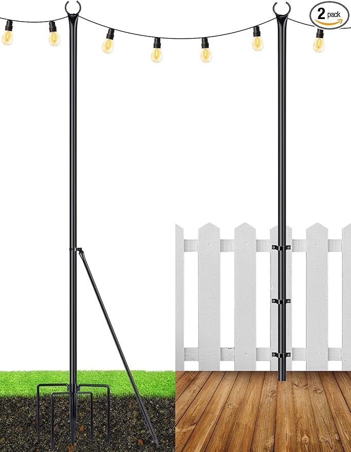 LOPANNY String Light Poles - 2 Pack 9.8FT Ft Light Poles for Outside String Lights,Outdoor Light Poles with Fork,Metal Poles Stand for Patio Deck Backyard