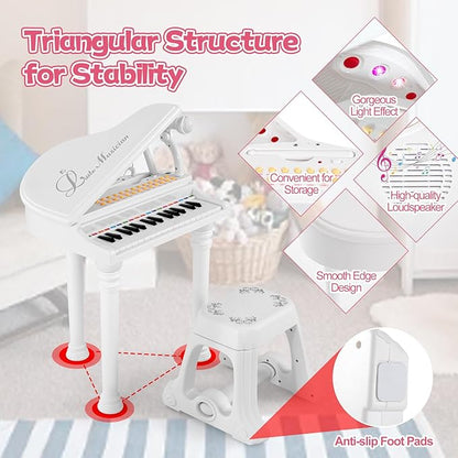 HONEY JOY Classical Kids Piano, 31-Key Toy Mini Grand Piano with Music Stand & Stool, Portable Electronic Educational Musical Instrument Toy w/ Microphone, Lights, Gift for Kids (White, 31 Keys)