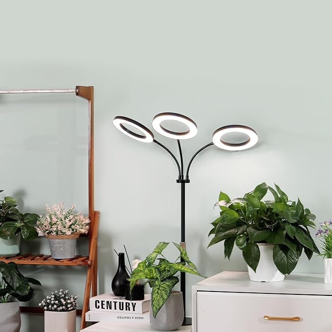 LBW Halo Plant Grow Light, Tri-Head Desk Grow Light for Indoor Growth, 72x3 LEDs Full Spectrum Grow Lamp with 4/8/12H Auto Timer, 4 Brightness Levels, Height Adjustable, Ideal for Indoor Plants, Black