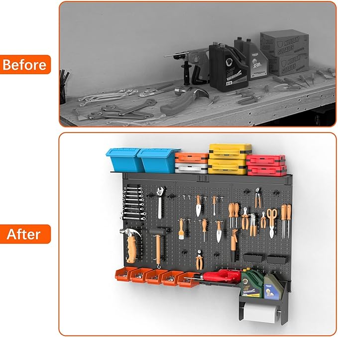 TORACK Metal Pegboard Wall Organizer 4ft Wide, Tool Storage Pegboard System for Garage with Accessories, Wall Mount Storage Bins, Shelves, Peg board Tool Organizer Kit for Workbench(Black)