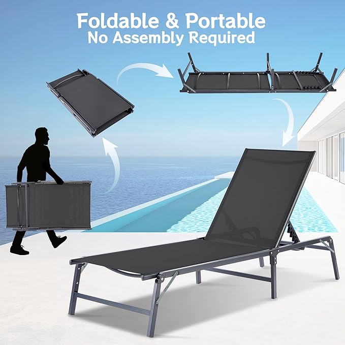 Outdoor Chaise Lounge Chair Set of 2, Foldable & Assemble-Free, 6 Adjustable Positions, Durable Rust-Resistant Frame, Portable Outdoor Pool Lounge Chairs for Pool Patio Beach, Black