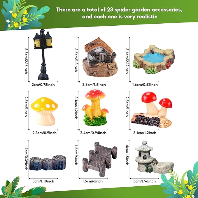 23 Pcs Fairy Garden Miniatures Jumping Spider Enclosure Accessories, Mini Bridge Fence Pond Street Lamps Mushroom Lawn Figurines Garden Decorations for Jumping Spider Habitat