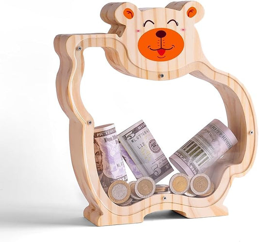 Wooden Bear Piggy Bank for Kids with Letter Stickers, Unbreakable Large Money Box for Boys, Girls, Cute Wooden Coin Bank, Piggy Money Jar Personalized Gift, Educational Toy for Kids