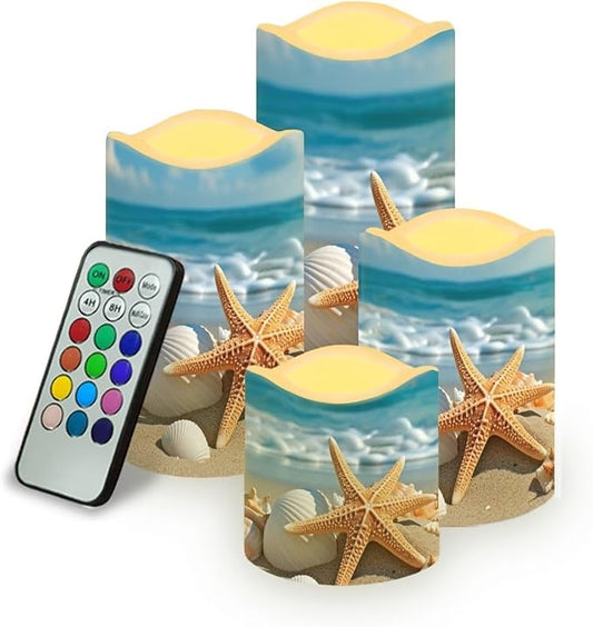 Ystardream Beach Starfish Flameless Candles with Remote Battery Operated Candles Realistic LED Candles with Remote and Timer Set of 4 for Valentines Home Wedding Birthday Decoration