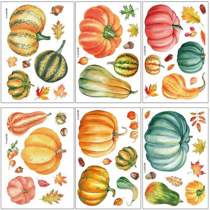 6 Sheets Fall Pumpkin Window Clings Colorful Autumn Pumpkins Leaves Pinecone Designs Double-Sided Fall Leaves Window Clings for Thanksgiving Home School Party Decor Accessories