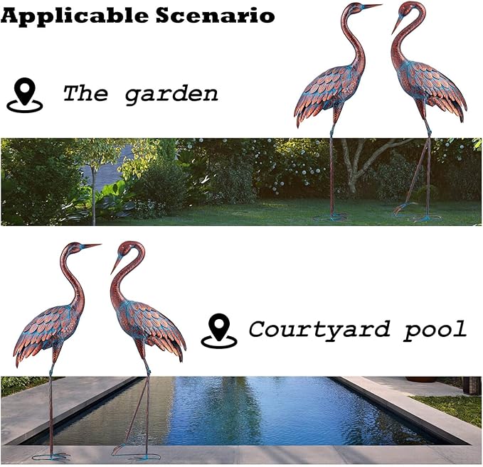 Kircust Garden Crane Statues Patina Heron Decoy, Standing Metal Crane Sculptures Bird Yard Art for Outdoor Decor, 47-48 Inch, Set of 2