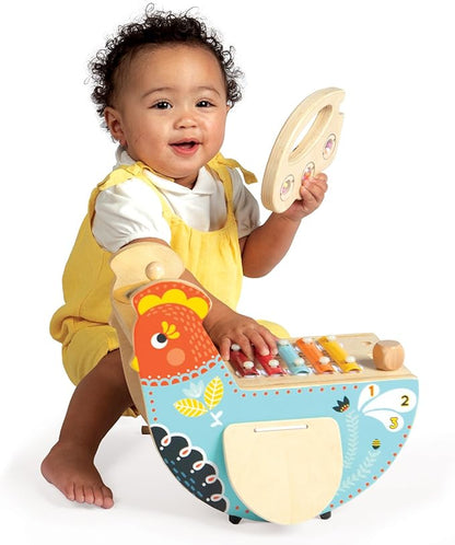 Manhattan Toy Musical Chicken Wooden Instrument for Toddlers with Xylophone, Drumsticks, Cymbal and Maraca,Blue