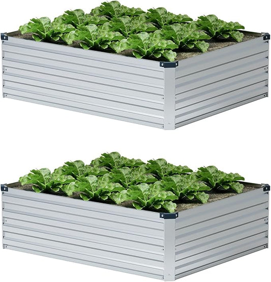 2 Pcs 4×3×1FT Galvanized Raised Garden Bed，Metal Planting Box for Outdoor Vegetable, Herb,Planter Gardening (Silver)