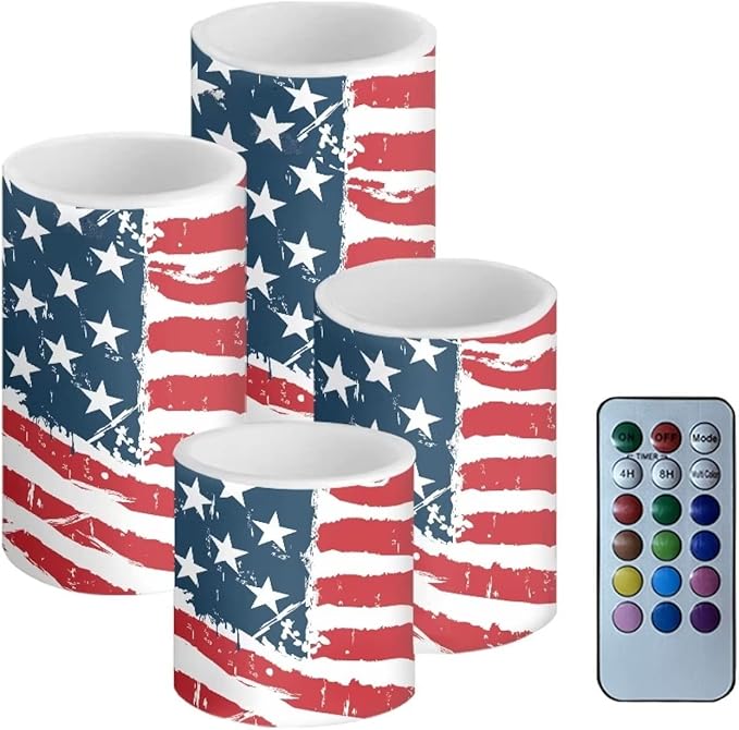 Flameless Electric Candles Decoration Lamp with Remote Timer Control Long Lasting for Fourth of July Party Decoration Home Indoor Outdoor Decor Pack of 4, American Flag Fashion