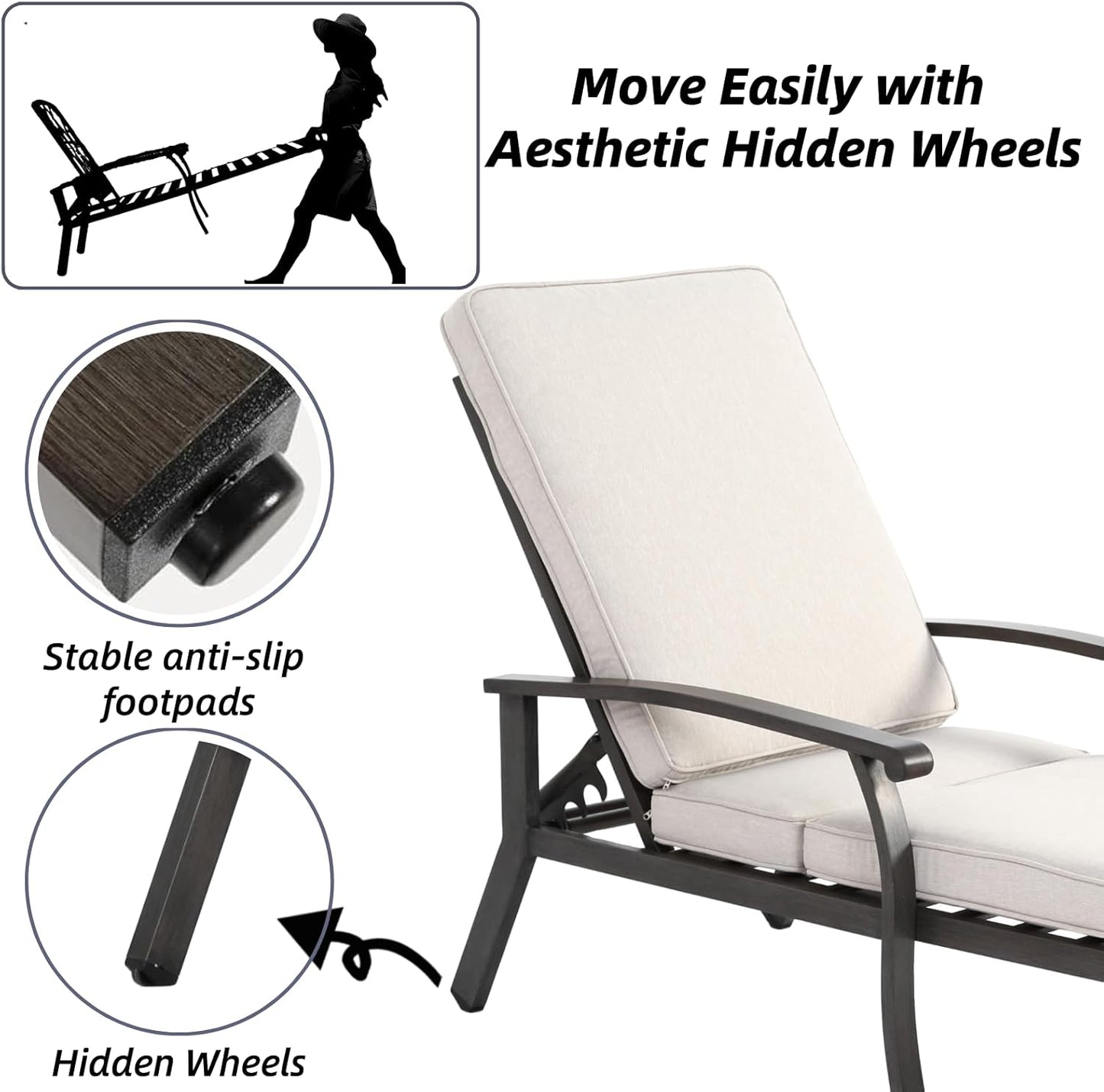 Outdoor Chaise Lounge with 5-Level Adjustable Backrest Set of 2, Durable Aluminum Patio Chair with Waterproof Cushion & Wheels for Garden, Poolside, Beige