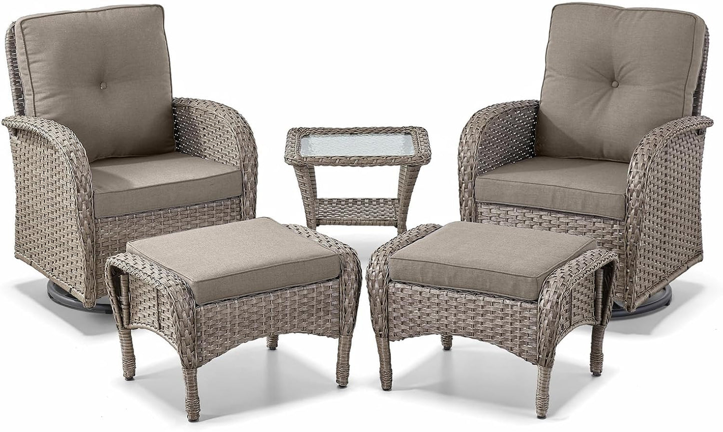5 Pieces Wicker Patio Furniture Set - Swivel Rocker Outdoor Chairs with Ottomans and Side Table, Small Patio Conversation Set for Deck Porch Backyard