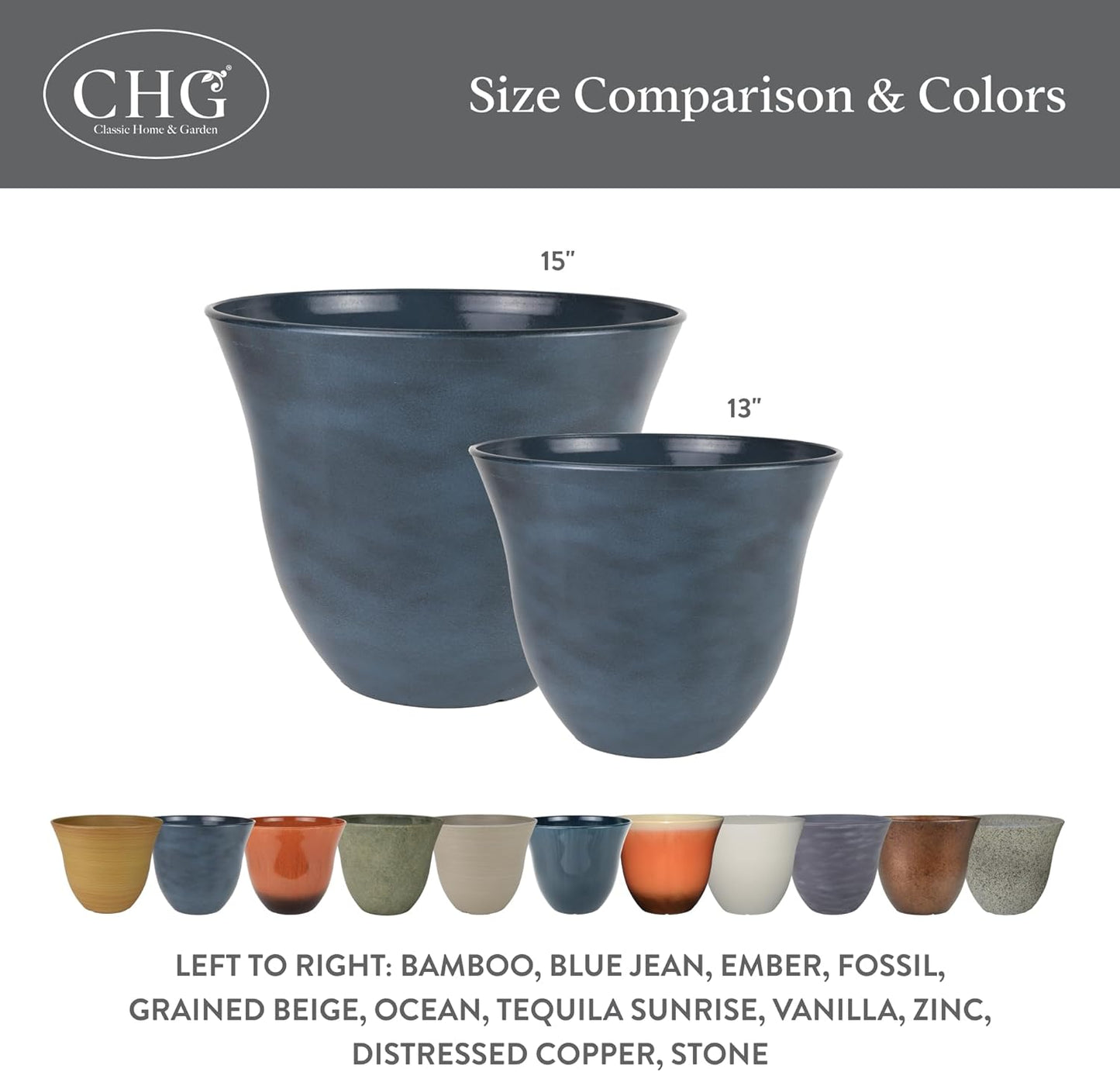 Classic Home and Garden Honeysuckle Resin Planters - Lightweight Indoor & Outdoor Plant Pots - UV-Resistant Plastic Flower Pots - Pot Planters for Flowers & Herbs (15" Fossil)