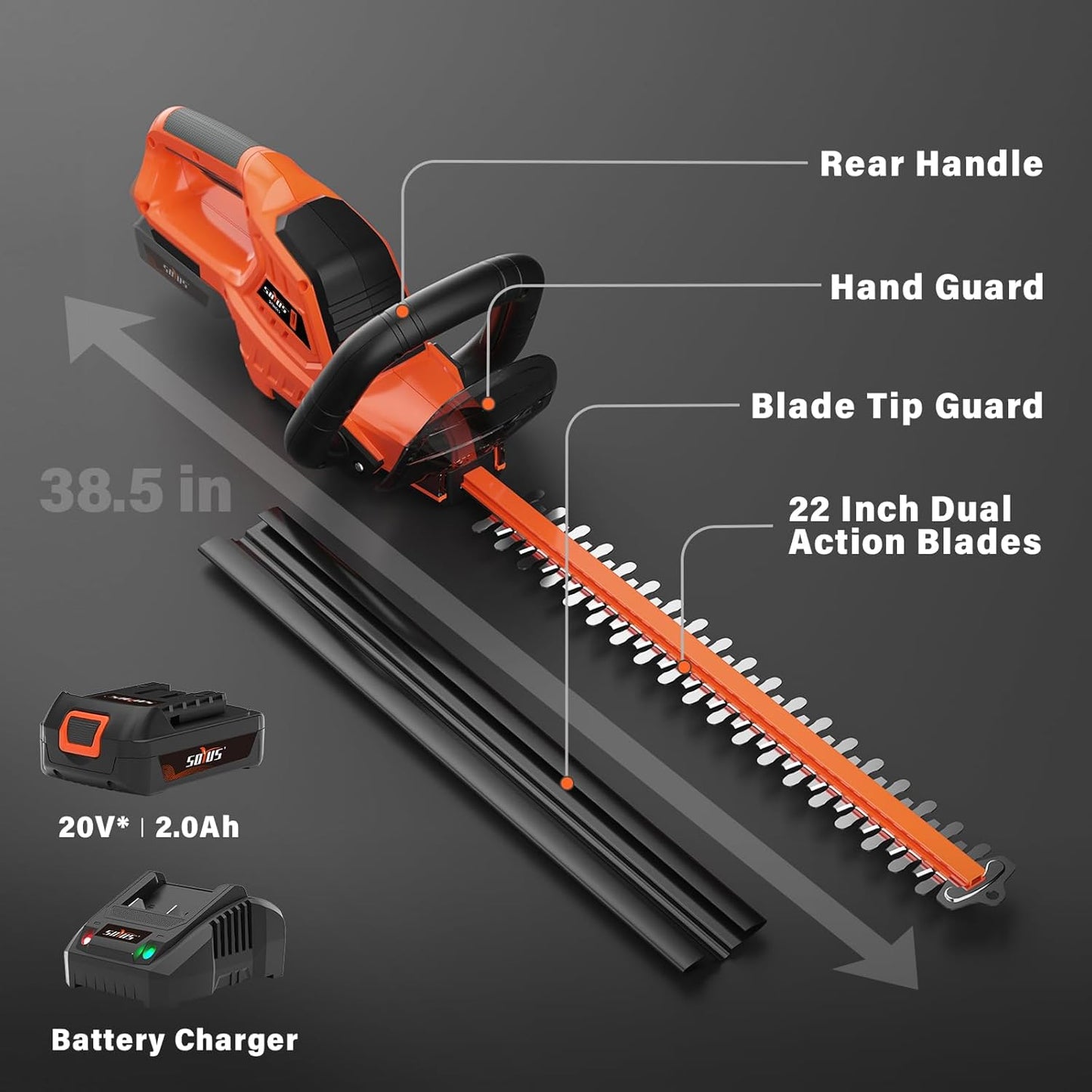 SOYUS Hedge Trimmer Cordless, 20V Electric Hedge Trimmers with 22 Inch Dual Action Blades and 3/4" Cutting Capacity, 2.0Ah Battery and Fast Charger Included