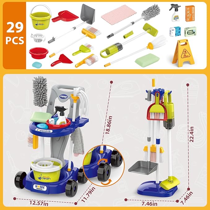Kids Cleaning Set for Toddlers Pretend Play Housekeeping Supplies Kits with Real Working Vacuum Cleaner, Broom, Spray Bottle, Dust Pan and More Role Play Educational Toys for Toddler Boys Girls (Blue)